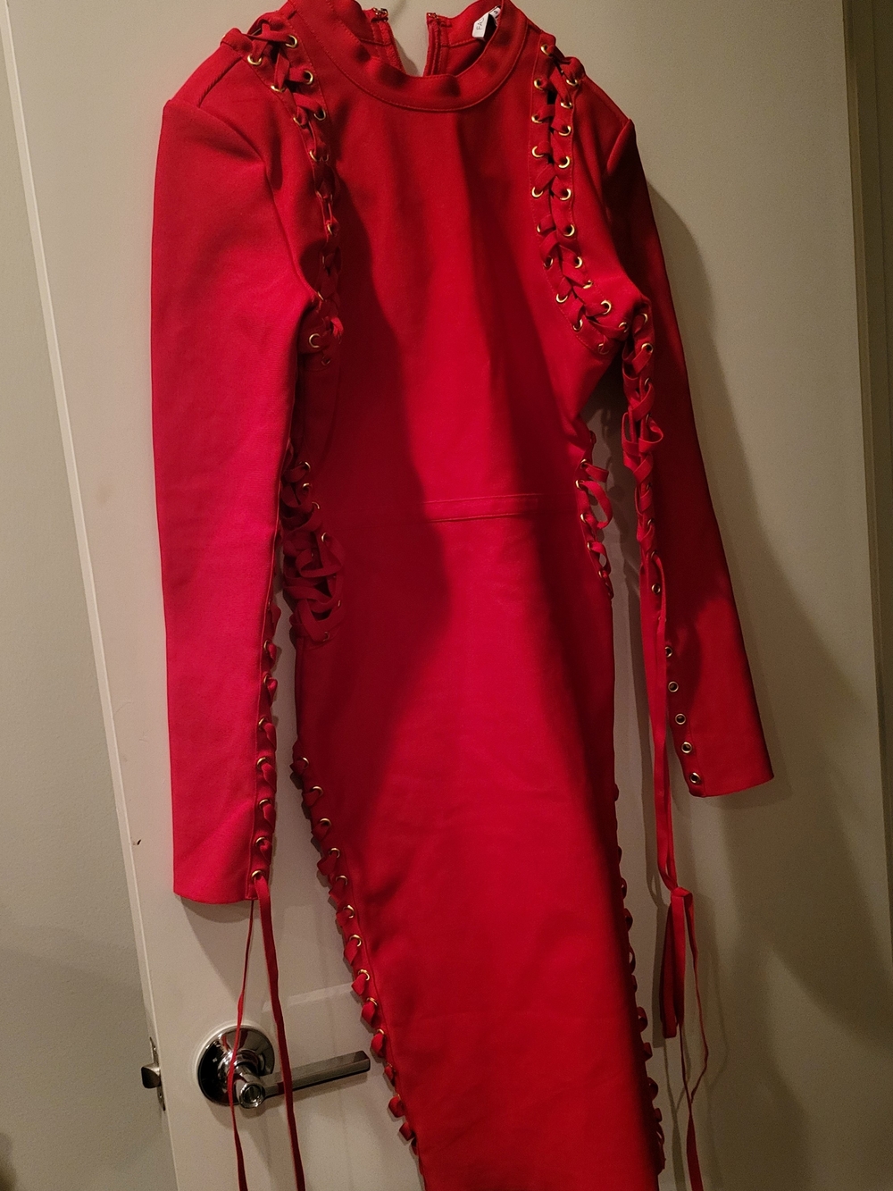Fashion Nova Red Lace-Up Bodycon Dress with Gold Eyelets